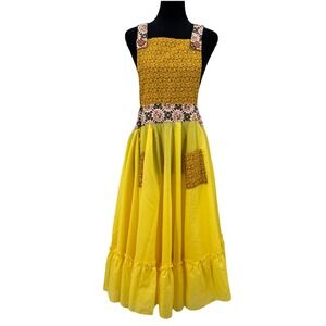 Vtg Pinafore Country Farm Apron Dress Ruffle Prairie Peasant Open‎ Back Yellow